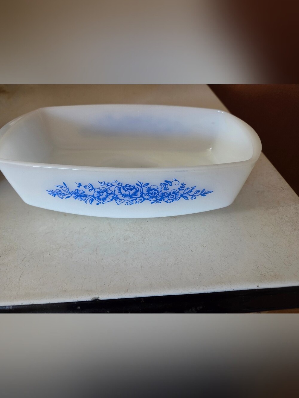 Classic White Ceramic Meatloaf Dish with Blue Floral Border